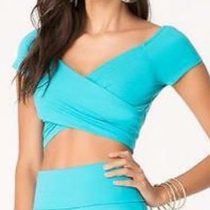 Bebe off shoulder wrap crop top—medium. Aqua. NWOT